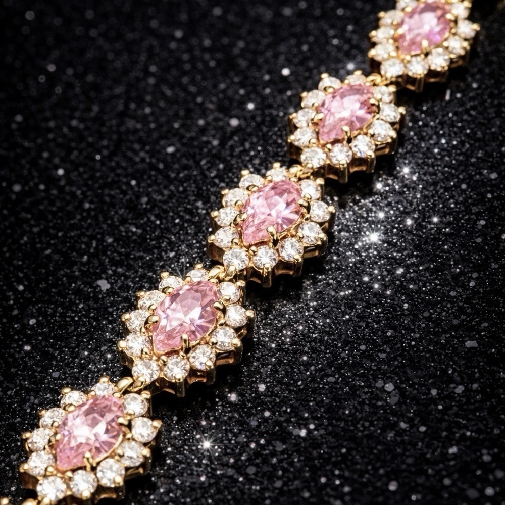 Suzanne Somers vintage pink CZ pear round cut gold floral tennis bracelet HSN